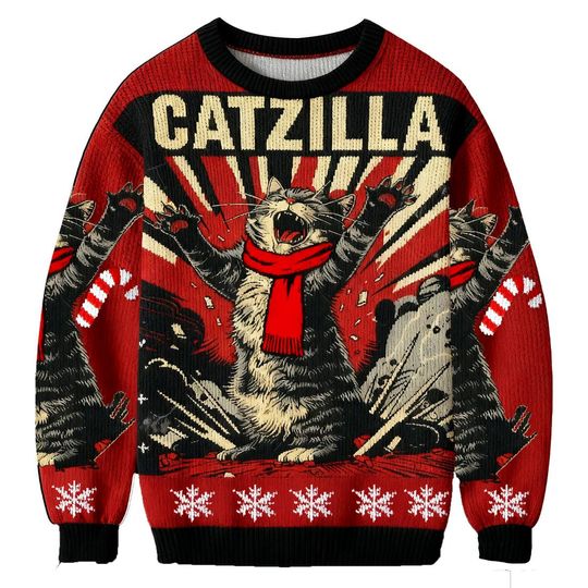 Cat Kaiju Funny Ugly Sweater, Cat Holiday Jumper, Movie Ugly Xmas Sweatshirt with Cat, Sweater For Men And Women, Xmas Gift for Cat Lovers