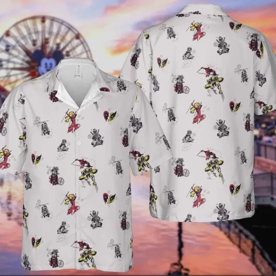 Vintage Deadpool and Wolverine Hawaiian Shirt, Funny Marvel Doodle Icons Hawaiian