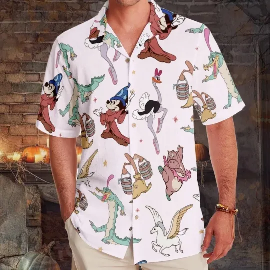 Discover Retro Fantasia Characters Hawaiian Shirt, Sorcerer Mickey Yen Sid Magic Broom Fa