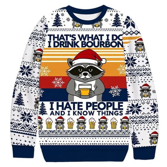 Discover Raccoon Drinking Beer Christmas Ugly Sweatshirt, Funny Drinking Holiday Jumper, Raccoon Christmas Sweater, Whiskey Lover Xmas Sweatshirt