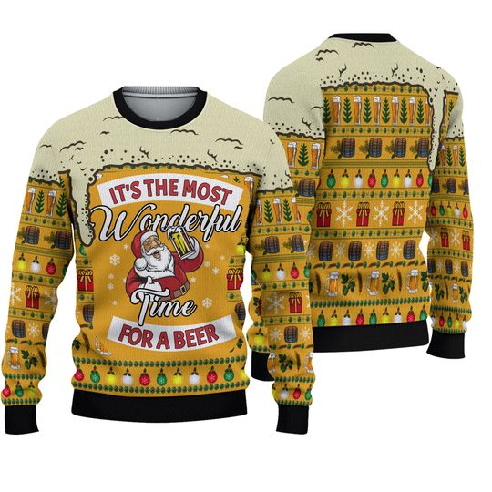3D Ugly Christmas Sweater, Christmas Most Wonderful Time For Beer  Ugly Sweater 3D, Family Christmas Ugly Sweater For Men & Women