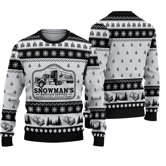 Snowman's Bootlegging Service Ugly Christmas Sweater, Retro Trucker Holiday Jumper, Funny 80s Movie-Inspired Xmas Gift for Drivers