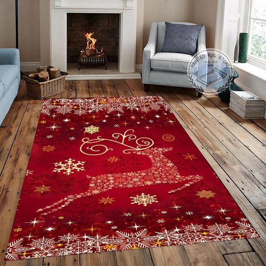 Deer Rug, Snowflake Christmas Rug, Red Deer Rug Festive Christmas Rug, Christmas Eve Rug, Merry Christmas Rug, Holiday Cheer Rug, cute deer