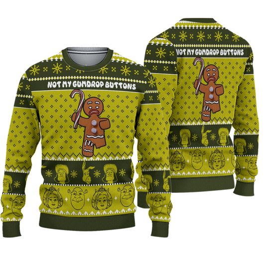 Gingy Not My Gumdrop Button Ugly Christmas Sweater, Gingerbread Sweater, Movie Characters Pullover Long Sleeve