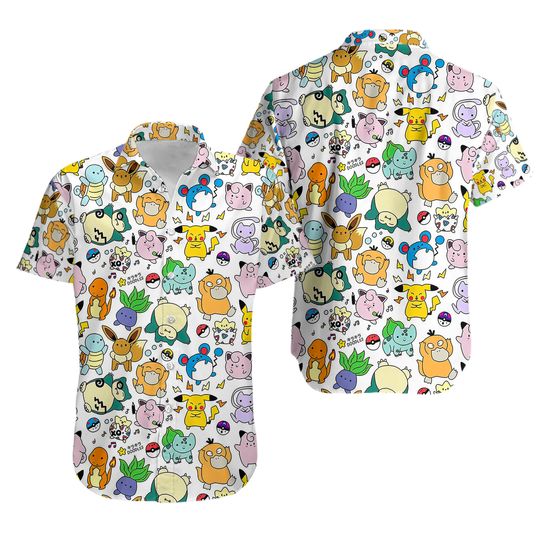 P.O.KE.MO.N Hawaiian Shirt/ Cartoon Hawaiian Shirt/ Funny Pi.ka.chu Hawaii Shirt/ P.O.KE.MO.N Disney Shirt/ P.O.KE.MO.N Love Hawaii Shirt Plus Size