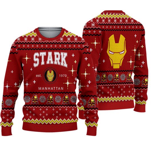 New Marvel superhero Iron Man Q-version image Christmas ugly sweater red snowflakes stars holiday atmosphere and hero sentiment