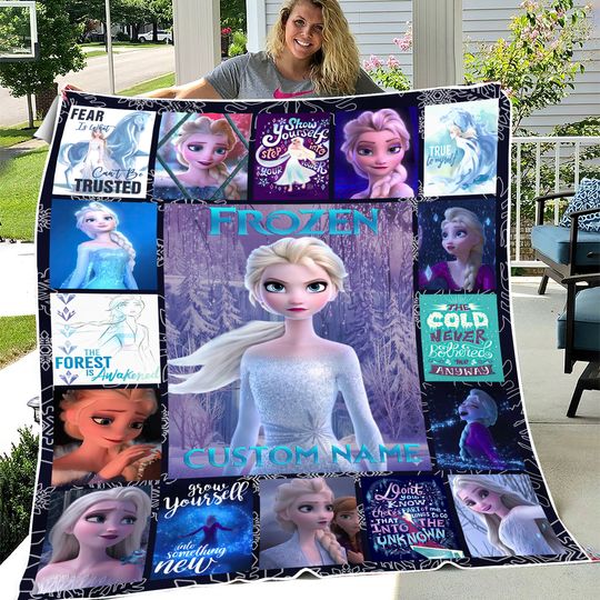 Custom Elsa Pictures Collage Blanket, Cartoon Movie Blanket, Elsa Cartoon Birthday Blanket, Personalized Disneyland Elsa Fleece Blanket