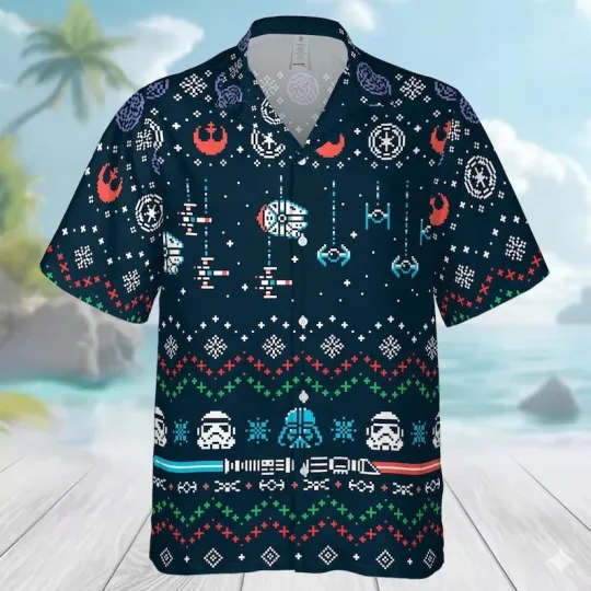 Discover Christmas Star Wars Ugly Pattern Hawaiian Shirt, Disney Movie Button Shirt, Star