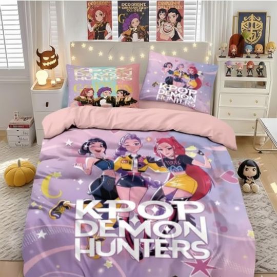 Kpop Demon Hunter Anime Bedding Set with Comforter Duvet Quilt and Pillowcases for Kids and Teens