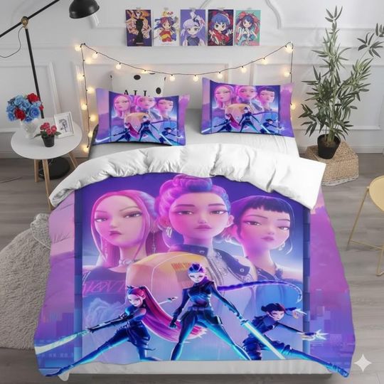Discover Kpop Demon Hunters Bedding Set with Anime Comforter and Pillowcase for Kids