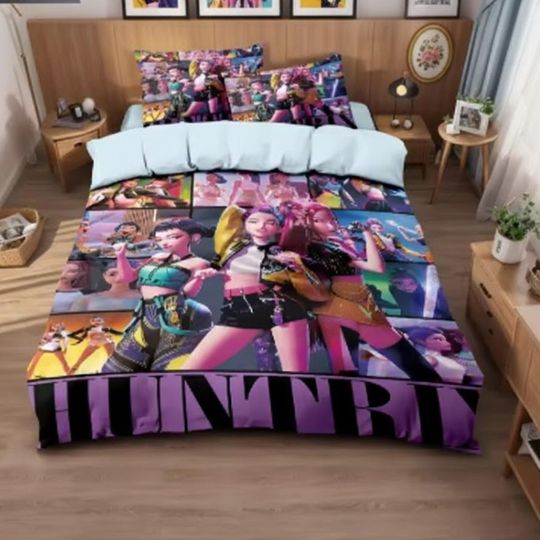 Anime Kpop Demon Hunter Bedding Set with Comforter Duvet and Pillowcases for Kids and Teens