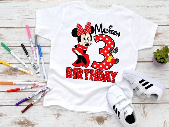 Discover Personalized Minnie Mouse Birthday T-Shirt for Girls, Custom Disney Shirt