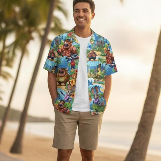 Discover Disney Inspired Hawaiian Shirt  Zootopia & Moana Tropical Vacation Shirt, Cartoon Character Aloha Beachwear for Men and Women