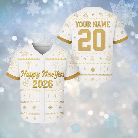 Discover Personalized Happy New Year 2026 Baseball Jersey, White Gold Star Pattern Button Up, Custom Name and Number Team Shirt, Unisex Festive Gift