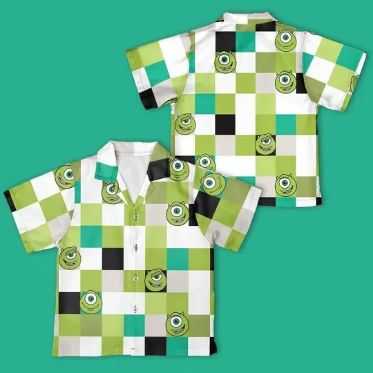 Mike Wazowski Monsters, Inc. Checkerboard Hawaiian Shirt, Mike and Sulley Button