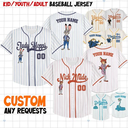 Discover Personalized Zootopia 2 Characters Group Baseball Jersey, Custom Judy Hopps Nick Wilde Gary De'Snake Zootropolis Jersey for Kid Youth Adult
