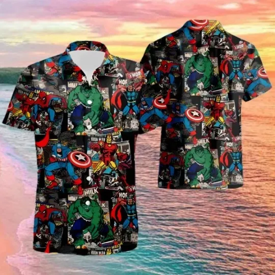 Discover Disney Marvel Super Heroes Collage Black Hawaiian Shirt,Button Down Shirt