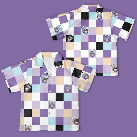 Discover Disney Monsters, Inc. Boo Checkerboard Hawaiian Shirt, Mike Sulley and Boo Button