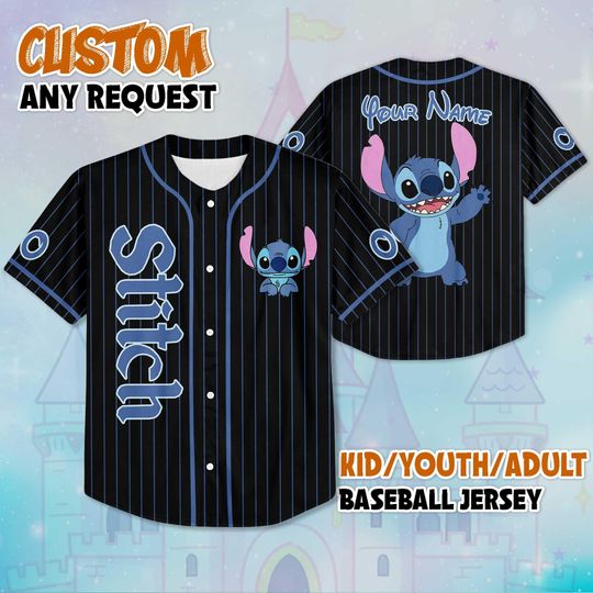 Discover Personalized Stitch Black Baseball Jersey, Disney Lilo and Stitch Jersey Shirt, Disney Baseball Team Outfit, Disney Birthday Gift