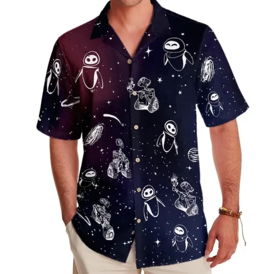 Discover Disney Wall-e And Eve In Space Hawaiian Shirt, Disney Galaxy Couple Hawaiian Shirt