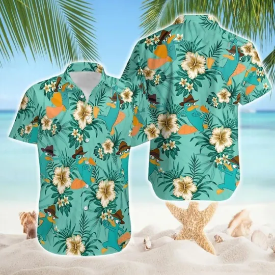 Perry The Platypus In Phineas And Ferb Swirling Hawaiian Shirt, Agent P Hawaiian Shirt