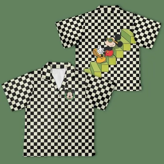 Discover Mickey Black and White Checkerboard Button Up Shirt, Mickey Vintage Hawaiian Shirt