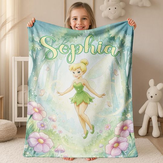 Discover Personalized Name Disney Tinker Bell Blanket, Magic Kingdom Fleece Mink Sherpa Blanket, Personalized Name Blanket, Gift for Fans C1KR09