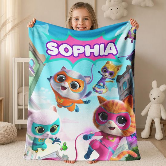 Discover Custom Disney Super Kitties Blanket With Kids' Name, Personalized Disney Cats Blanket, Buddy Bisty Ginny Sparks Hero Blanket JCJL26