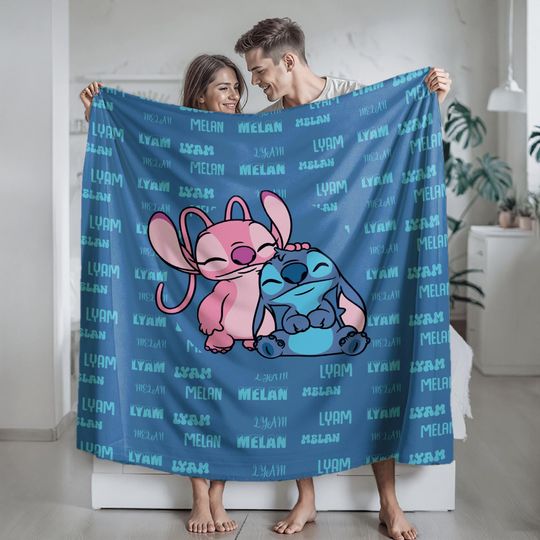 Discover Custom Couple Name Stitch & Angel Blanket, Disney Lilo And Stitch Blanket, Couple Blanket, Valentine Gift For Boyfriend Girlfriend, sibiling