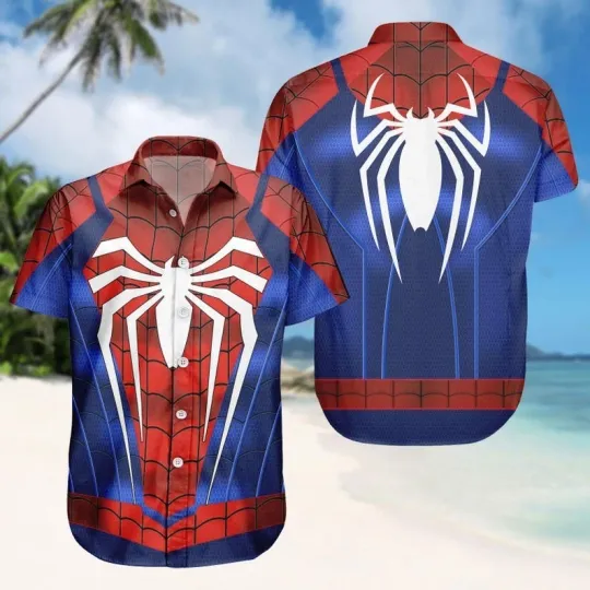 Spider-Man Costume Button Shirt, Spiderman Halloween Cosplay Hawaiian Shirt