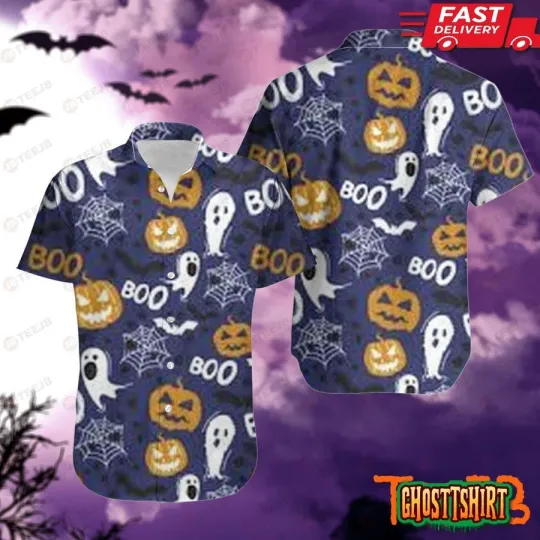 Discover Spiders Bats Ghosts Pumpkins Halloween Pattern Hawaiian Shirt, Unisex Adult