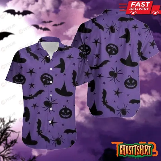 Discover Spiders Bats Pumpkins Halloween Pattern Hawaiian Shirt Ver 1, Unisex Adult