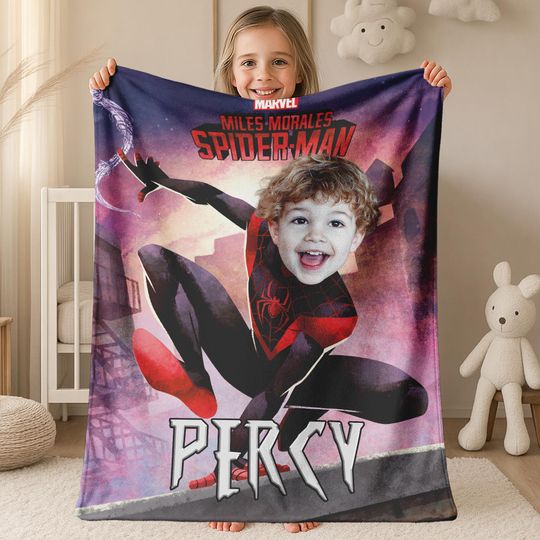 Custom Spider-man With Face Blanket, Custom Photo Name, Superhero Blanket