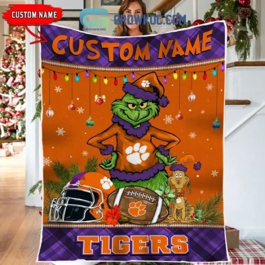 Clemson funny character Merry Christmas Light Tigers Personalized Fleece Blanket
