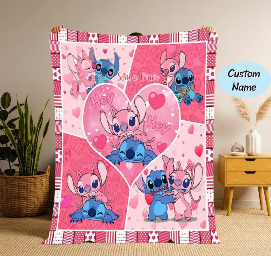 Personalized Stitch And Angel Blanket Custom Name Lilo And Stitch Fleece Blanket