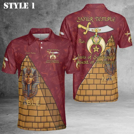 Discover Custom Name Temple Shriners Noble Ancient Egypt Pyramid AEAONMS Polo Shirt S-5XL