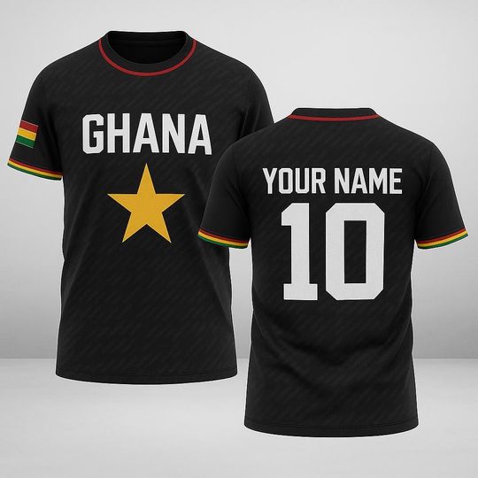 Discover Custom Ghana Flag Jersey with Name and Number, Personalized Black Stars Pride Shirt, Unisex Black Gold Soccer Fan Tee for Match Days, Gifts