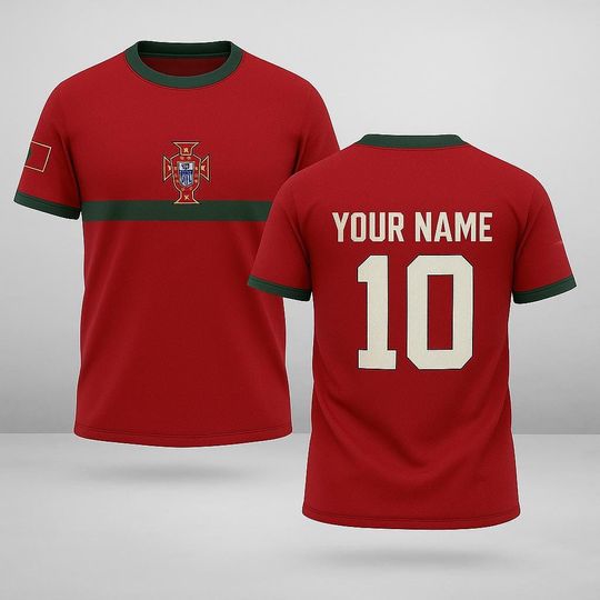 Discover Custom Portugal Flag Jersey with Name and Number, Personalized Portuguese Pride Shirt, Unisex Red Green Soccer Fan Tee for Match Days