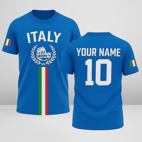 Discover Custom Italy Flag Jersey with Name and Number, Personalized Italian Pride Shirt, Unisex Azzurri Blue Soccer Fan Tee for Match Days and Gifts