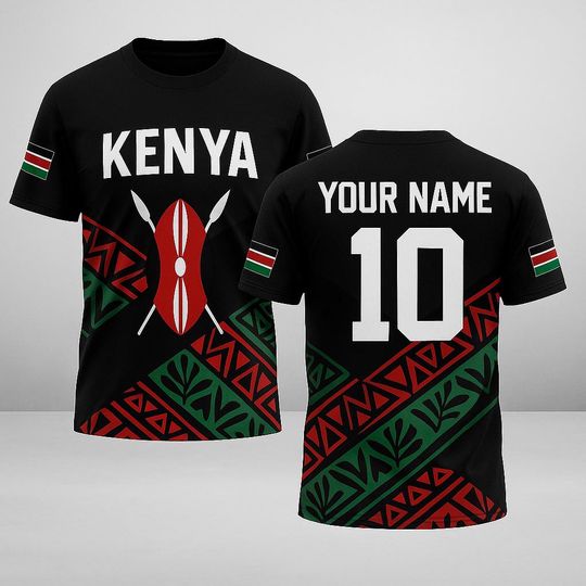 Discover Custom Kenya Flag Jersey with Name and Number, Personalized Kenyan Pride Shirt, Unisex Black Red Green Sports Fan Tee for Soccer & Rugby