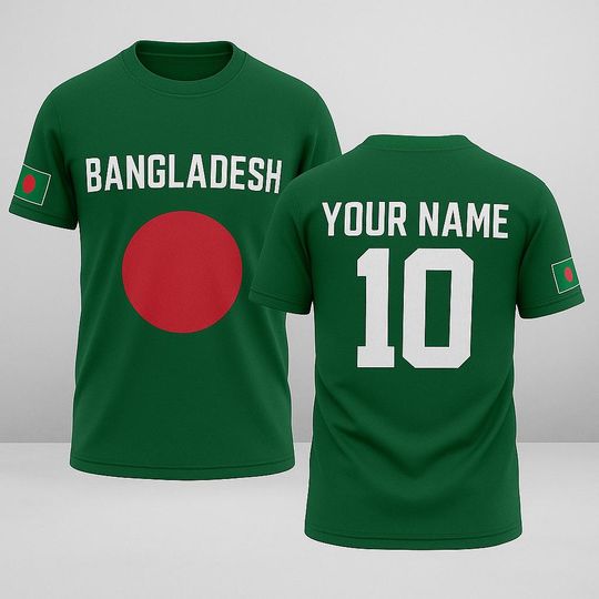 Discover Custom Bangladesh Flag Jersey with Name and Number, Personalized Bangladeshi Pride Shirt, Unisex Green Red Fan Tee for Cricket & Soccer