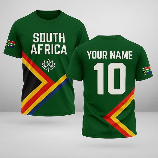 Discover Custom South Africa Flag Jersey with Name and Number, Personalized South African Pride Shirt, Unisex Green Sports Fan Tee for Soccer & Rugby