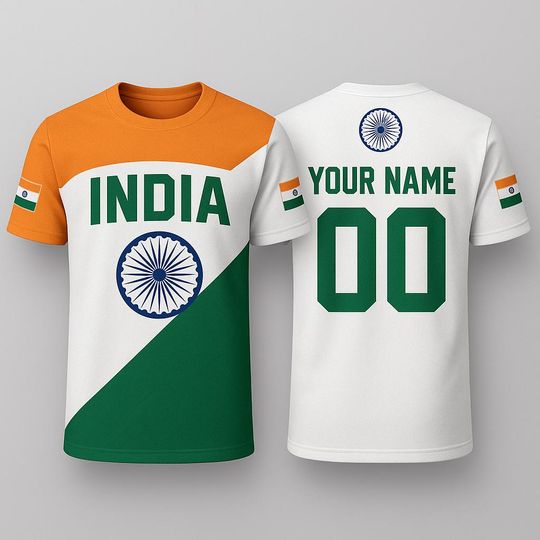 Discover Custom India Flag Jersey with Name and Number, Personalized Indian National T-Shirt, Unisex Tricolor Sports Tee for Patriotic Fans