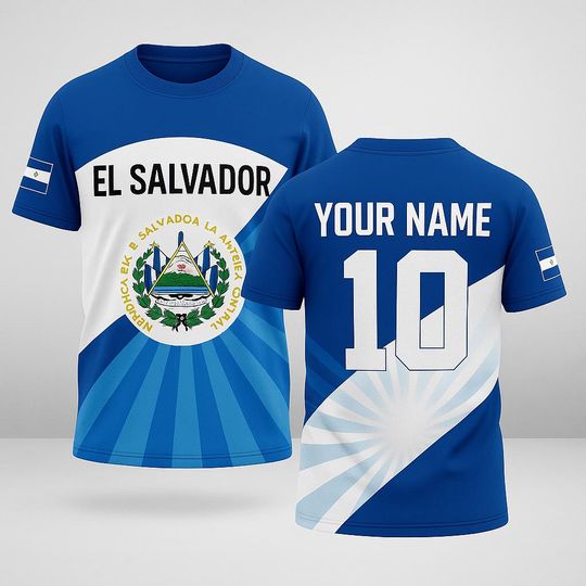 Discover Custom El Salvador Flag Jersey with Name and Number, Personalized Salvadoran Pride Shirt, Unisex Blue White Soccer Supporter Tee Gift