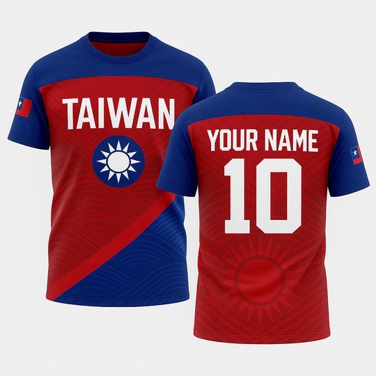 Discover Custom Taiwan Flag Jersey with Name and Number, Personalized Taiwanese Pride Shirt, Unisex Red Blue Sports Fan Tee for Soccer, Baseball