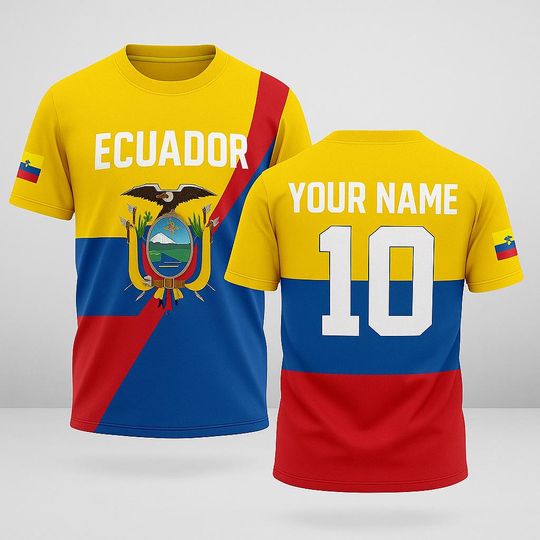 Discover Custom Ecuador Flag Jersey with Name and Number, Personalized Ecuadorian Pride Shirt, Unisex Yellow Blue Red Soccer Tee for Matchday & Gifts