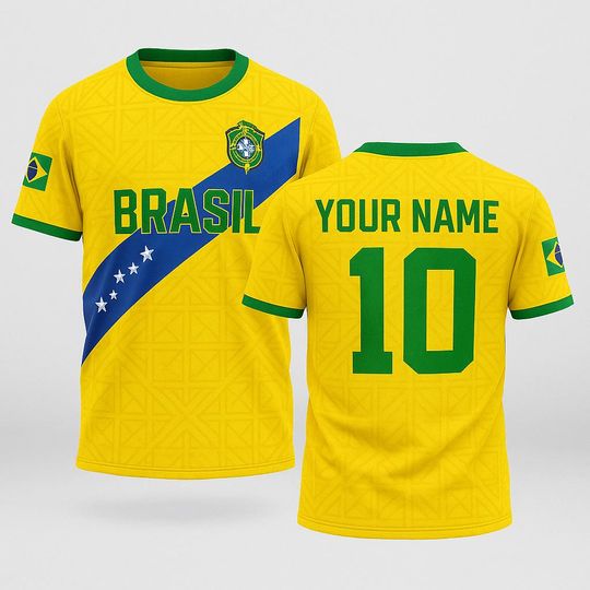 Discover Custom Brazil Flag Jersey with Name and Number, Personalized Brazilian Pride Shirt, Unisex Yellow Green Soccer Fan Tee for Match Days
