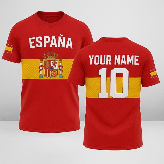 Discover Custom Spain Flag Jersey with Name and Number, Personalized Spanish Pride Shirt, Unisex Red Yellow Soccer Fan Tee for Match Days & Gifts