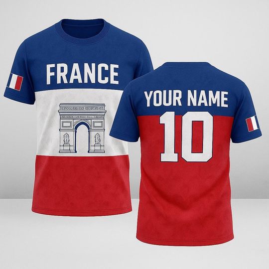 Discover Custom France Flag Jersey with Name and Number, Personalized French Pride Shirt, Unisex Blue White Red Soccer Fan Tee for Matches and Gifts