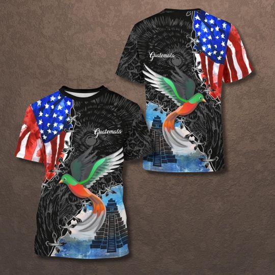 Discover Guatemala USA Flag T-Shirt with Quetzal Bird and Mayan Pyramid  Guatemalan American Pride All Over Print Tee, Heritage Patriotic Gift